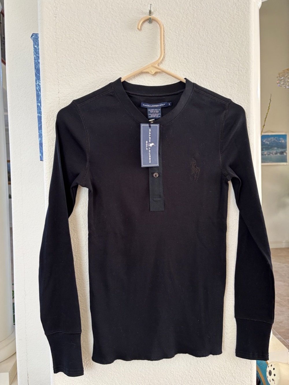 Ralph Lauren Black Long-Sleeve Henley with Embroidered Pony label cut